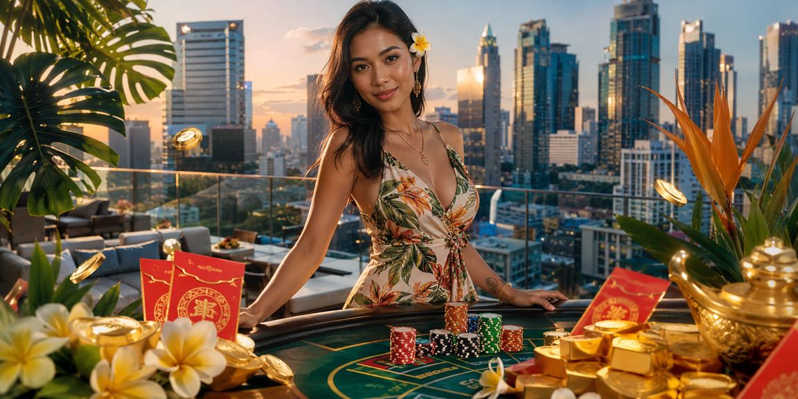 Model merayakan bonus dengan amplop merah simbol keberuntungan khas Asia