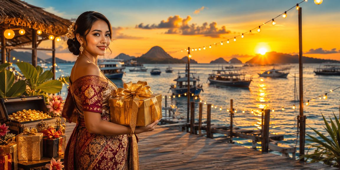 Suasana pantai siang hari dengan seseorang menerima cashback bonus dari layar ponsel