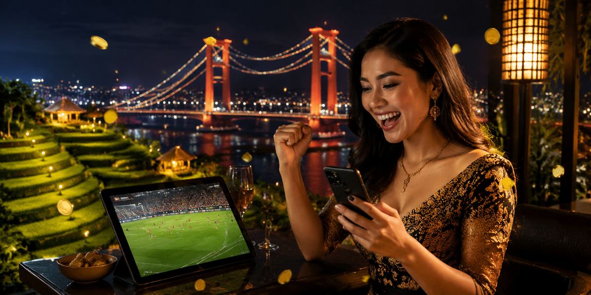 Model wanita Vietnam merayakan hadiah VIP bonus di depan layar game malam hari