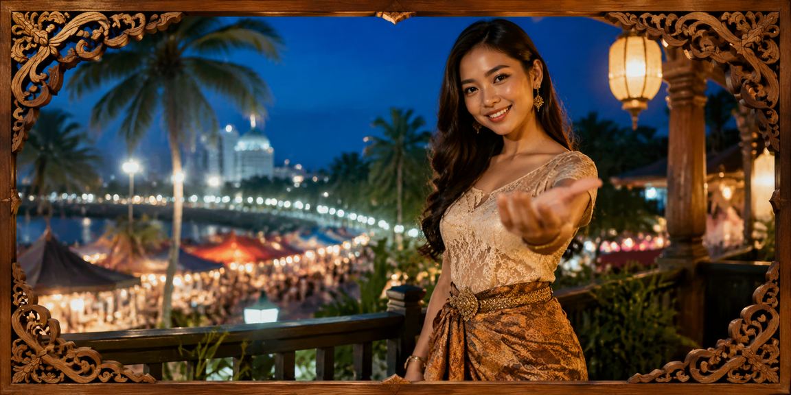 Aktivitas kasino dan betting malam hari di pasar malam yang ramai penuh cahaya