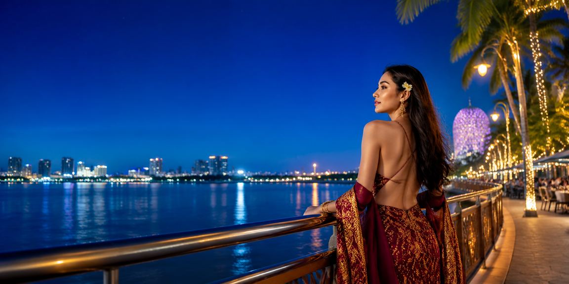 Model Vietnam tersenyum sambil melihat layar kasino di studio dengan pencahayaan elegan