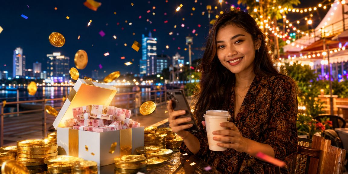 Perempuan menikmati kasino mobile di kafe sambil minum kopi sore hari