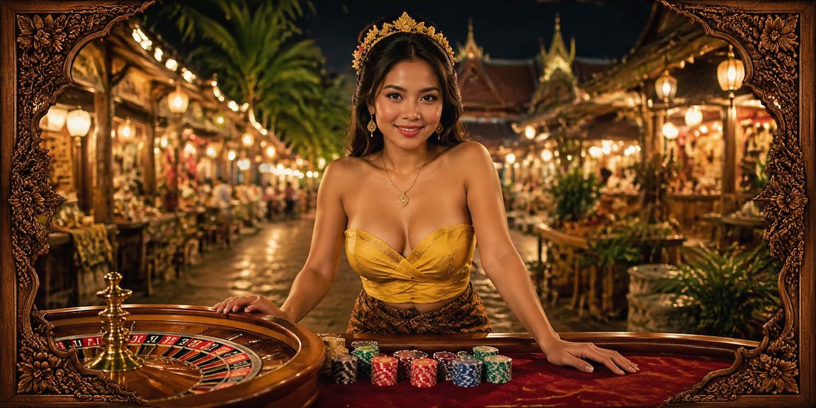Model Vietnam berpose di meja roulette kasino dengan suasana elegan dan modern