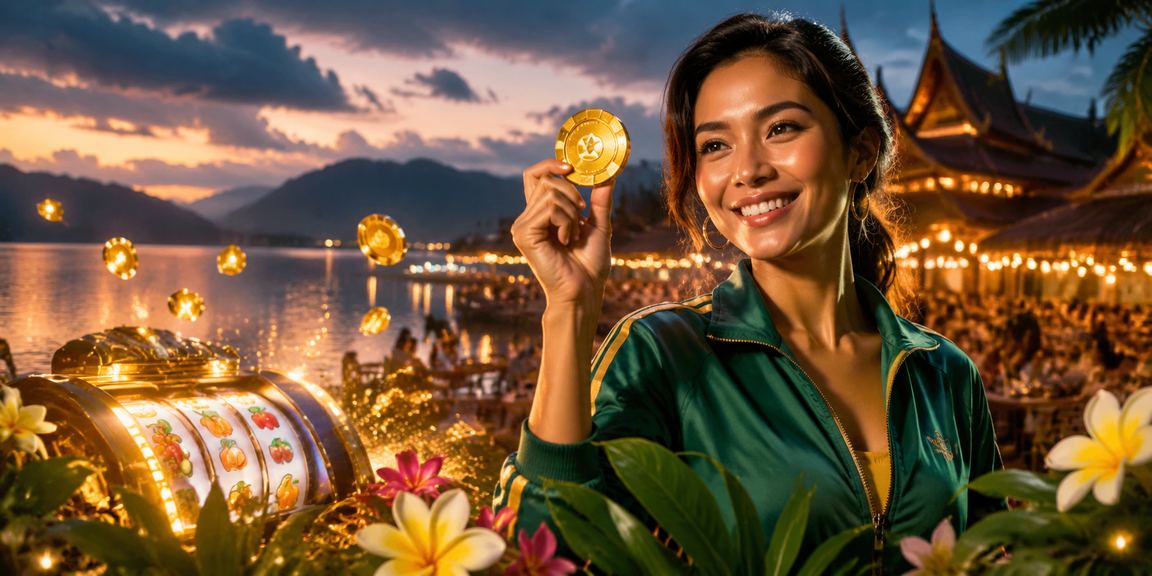 Layar slot game dengan tema festival warna-warni dan efek kemenangan berkilau